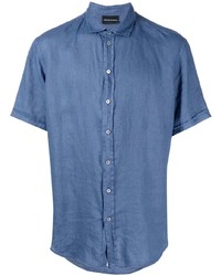 Chemise à manches courtes en lin bleue Emporio Armani