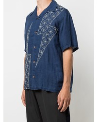 Chemise à manches courtes en lin brodée bleu marine KAPITAL