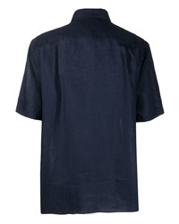 Chemise à manches courtes en lin brodée bleu marine Lacoste