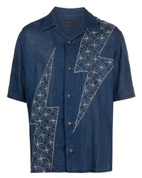 Chemise à manches courtes en lin brodée bleu marine KAPITAL