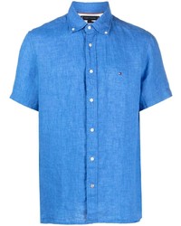 Chemise à manches courtes en lin brodée bleue