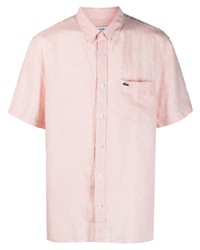 Chemise à manches courtes en lin brodée rose