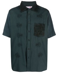 Chemise à manches courtes en lin brodée vert foncé