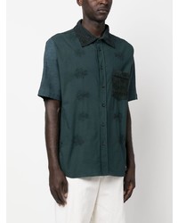Chemise à manches courtes en lin brodée vert foncé By Walid