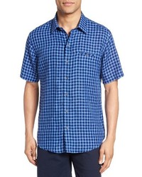 Chemise à manches courtes en lin écossaise bleue