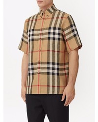 Chemise à manches courtes en lin écossaise marron clair Burberry