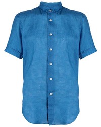 Chemise à manches courtes en lin géométrique bleue