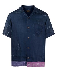 Chemise à manches courtes en lin imprimée bleu marine KAPITAL