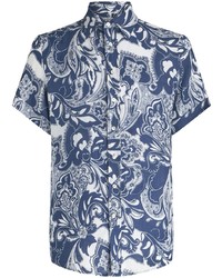 Chemise à manches courtes en lin imprimée cachemire bleu marine Etro