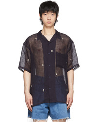 Chemise à manches courtes en lin imprimée cachemire bleu marine Kuro