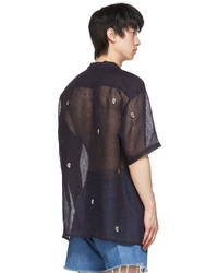 Chemise à manches courtes en lin imprimée cachemire bleu marine Kuro