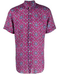 Chemise à manches courtes en lin imprimée fuchsia