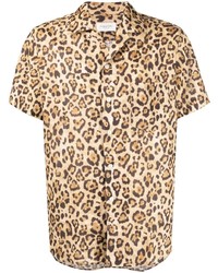 Chemise à manches courtes en lin imprimée léopard marron clair Tintoria Mattei