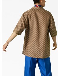 Chemise à manches courtes en lin imprimée marron Gucci