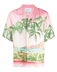 Chemise à manches courtes en lin imprimée rose Casablanca