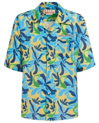 Chemise à manches courtes en lin imprimée turquoise Marni