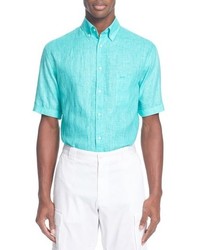 Chemise à manches courtes en lin turquoise