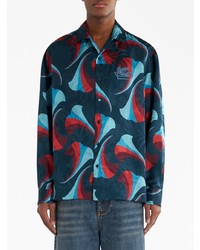 Chemise à manches courtes en soie à fleurs bleu marine Etro