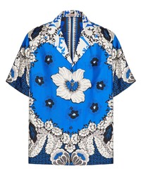 Chemise à manches courtes en soie à fleurs bleue Valentino