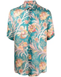 Chemise à manches courtes en soie à fleurs turquoise