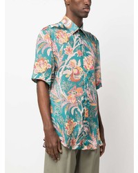 Chemise à manches courtes en soie à fleurs turquoise Etro