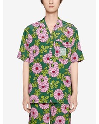Chemise à manches courtes en soie à fleurs verte Gucci