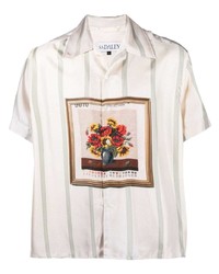 Chemise à manches courtes en soie à rayures verticales beige S.S.Daley