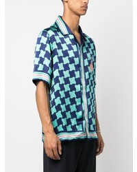 Chemise à manches courtes en soie à rayures verticales bleu marine Casablanca
