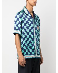 Chemise à manches courtes en soie à rayures verticales bleu marine Casablanca