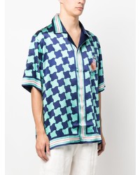 Chemise à manches courtes en soie à rayures verticales bleue Casablanca