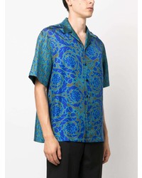 Chemise à manches courtes en soie imprimée bleu canard Versace
