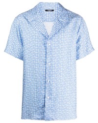 Chemise à manches courtes en soie imprimée bleu clair Balmain