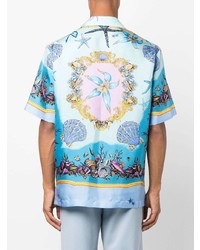 Chemise à manches courtes en soie imprimée bleu clair Versace