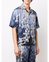 Chemise à manches courtes en soie imprimée bleu marine Philipp Plein