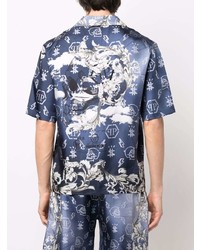 Chemise à manches courtes en soie imprimée bleu marine Philipp Plein