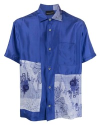 Chemise à manches courtes en soie imprimée bleu marine Emporio Armani