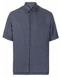Chemise à manches courtes en soie imprimée bleu marine Fendi