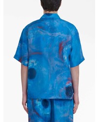 Chemise à manches courtes en soie imprimée bleue Marni
