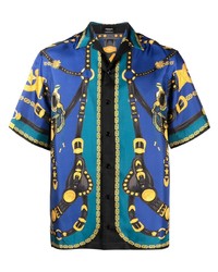 Chemise à manches courtes en soie imprimée bleue Versace