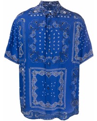 Chemise à manches courtes en soie imprimée cachemire bleu marine