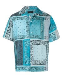 Chemise à manches courtes en soie imprimée cachemire turquoise