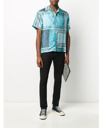 Chemise à manches courtes en soie imprimée cachemire turquoise Amiri