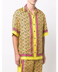 Chemise à manches courtes en soie imprimée jaune Versace