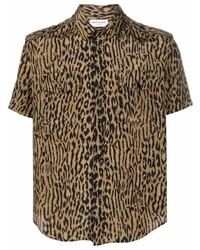 Chemise à manches courtes en soie imprimée léopard marron clair Saint Laurent