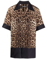 Chemise à manches courtes en soie imprimée léopard marron Dolce & Gabbana