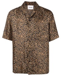 Chemise à manches courtes en soie imprimée léopard marron Nanushka