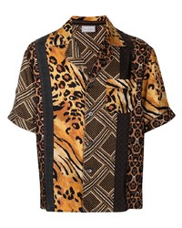 Chemise à manches courtes en soie imprimée léopard marron Pierre Louis Mascia