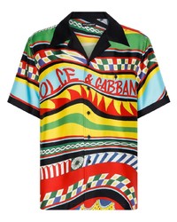 Chemise à manches courtes en soie imprimée moutarde Dolce & Gabbana