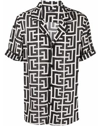 Chemise à manches courtes en soie imprimée noire et blanche Balmain