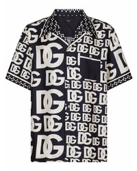 Chemise à manches courtes en soie imprimée noire et blanche Dolce & Gabbana